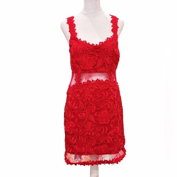 VENUS Dresses & Skirts - VENUS Red Lace Cutout Bodycon Mini Dress Cocktail Party Size 10